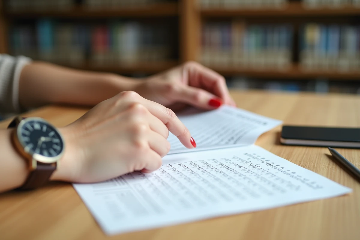 Mains de femme suivant un tableau de conversion des minutes en heures centi&egrave;mes sur une feuille imprim&eacute;e