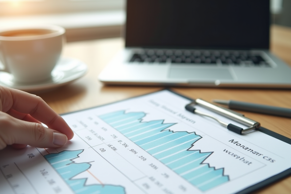 Main tenant un document avec taux de prêt immobilier et graphiques