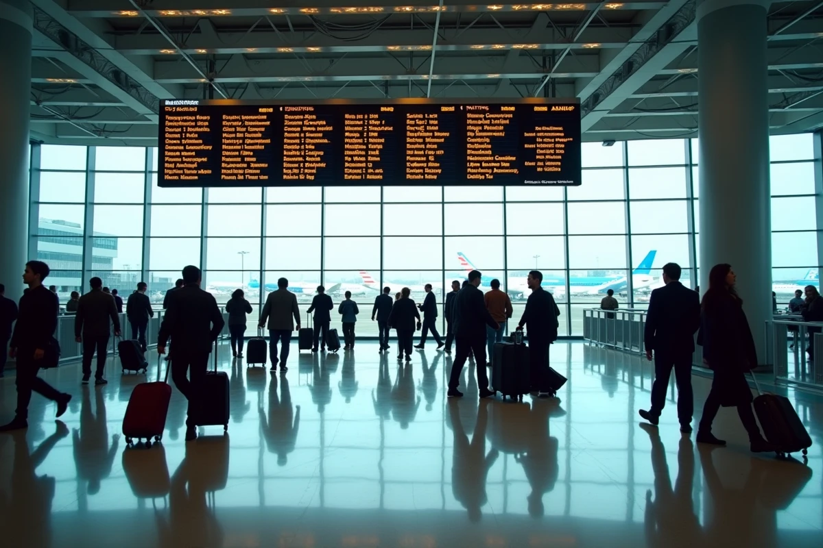 Terminal d'un grand aéroport international animé avec des passagers et des panneaux d'affichage des départs de compagnies aériennes européennes
