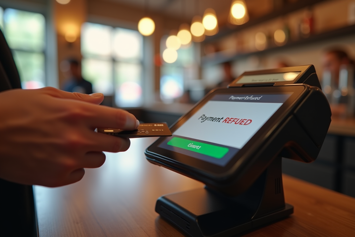 Carte sans contact devant un terminal de paiement dans un café