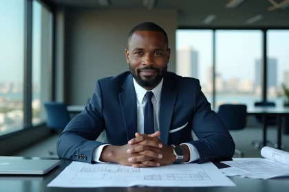 Tony Parker style homme d'affaires africain-américain en costume bleu marine dans une salle de réunion avec documents financiers et gratte-ciels en arrière-plan