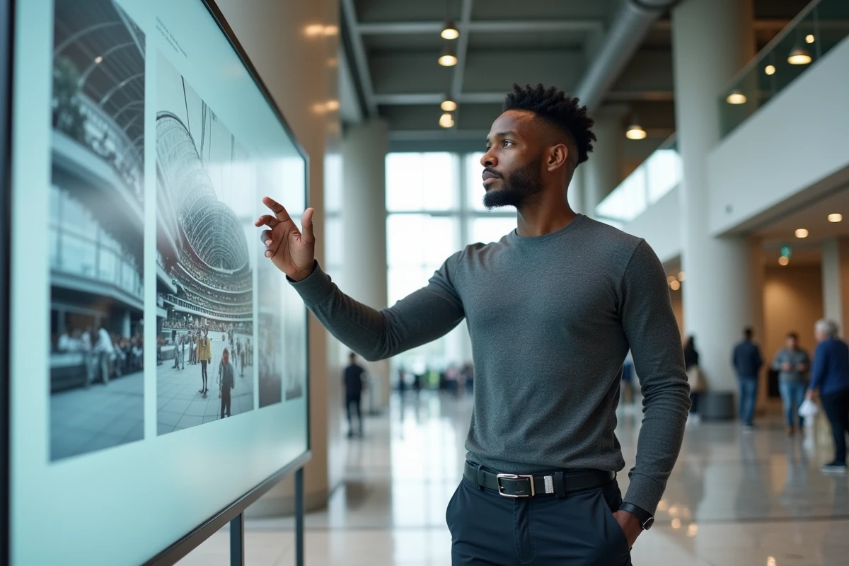 Homme sportif et entrepreneur africain-américain présentant des plans d'arène sportive moderne dans un hall avec bannières et architecture contemporaine