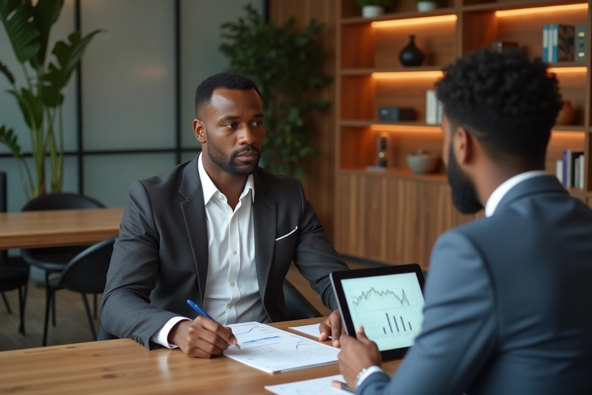 Homme d'affaires africain-américain analysant un portefeuille d'investissements avec un conseiller financier dans un bureau de gestion de patrimoine élégant