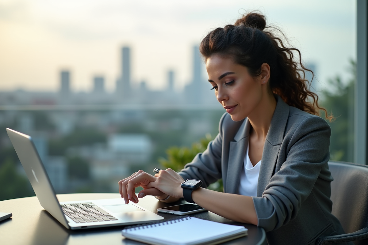 Femme trader ajustant sa smartwatch sur un rooftop urbain