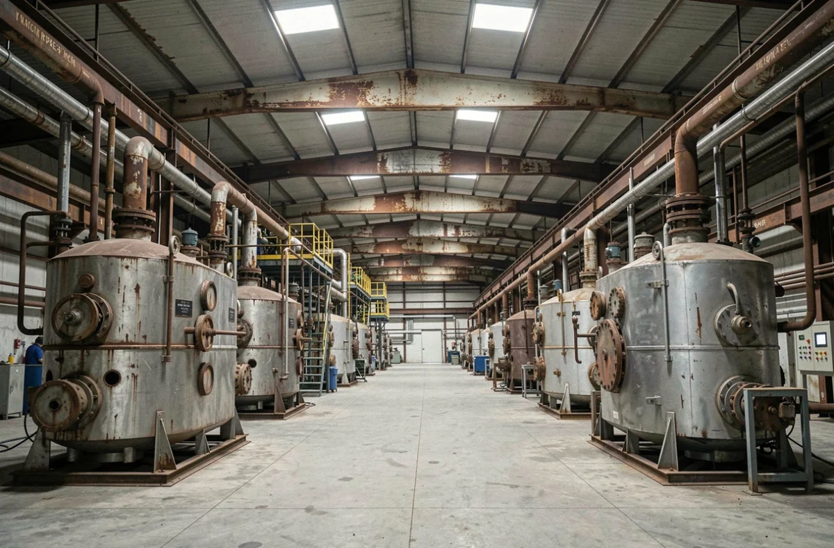 Intérieur d'une usine de traitement plasma industriel avec réacteurs métalliques, symbolisant les défis opérationnels et financiers d'Europlasma en 2026