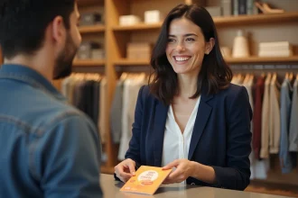 Femme utilisant un chèque Cadhoc à la caisse d'un magasin pour régler ses achats