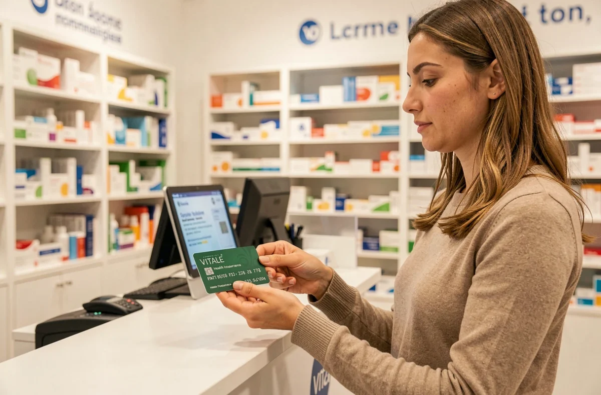 Salariée utilisant sa carte de mutuelle d'entreprise pour le remboursement de médicaments en pharmacie