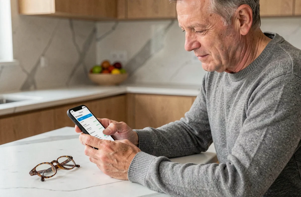 Homme d'âge mûr vérifiant son compte Bourse Directe et ses frais sur smartphone dans une cuisine moderne