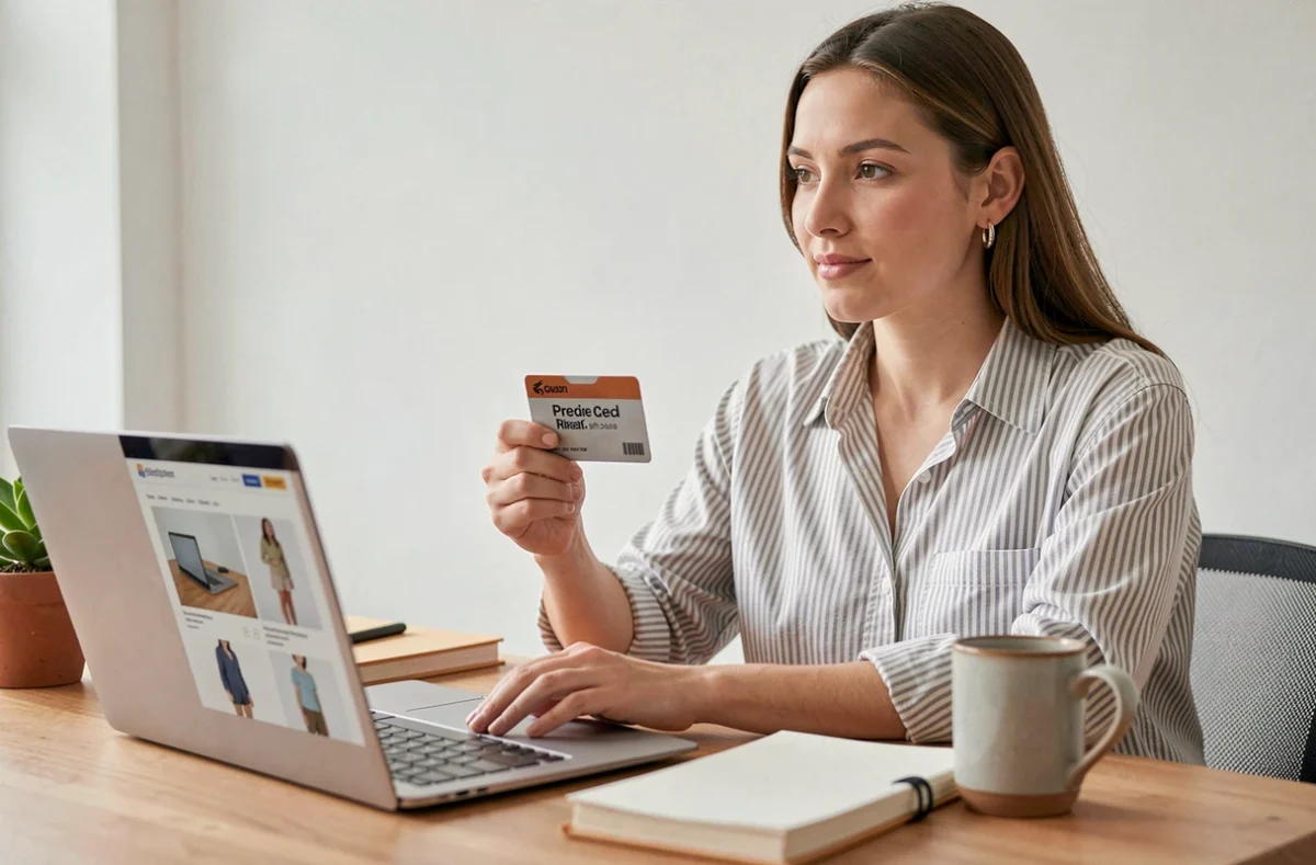 Femme vérifiant les enseignes acceptant la carte Bimpli CADO depuis son bureau à domicile