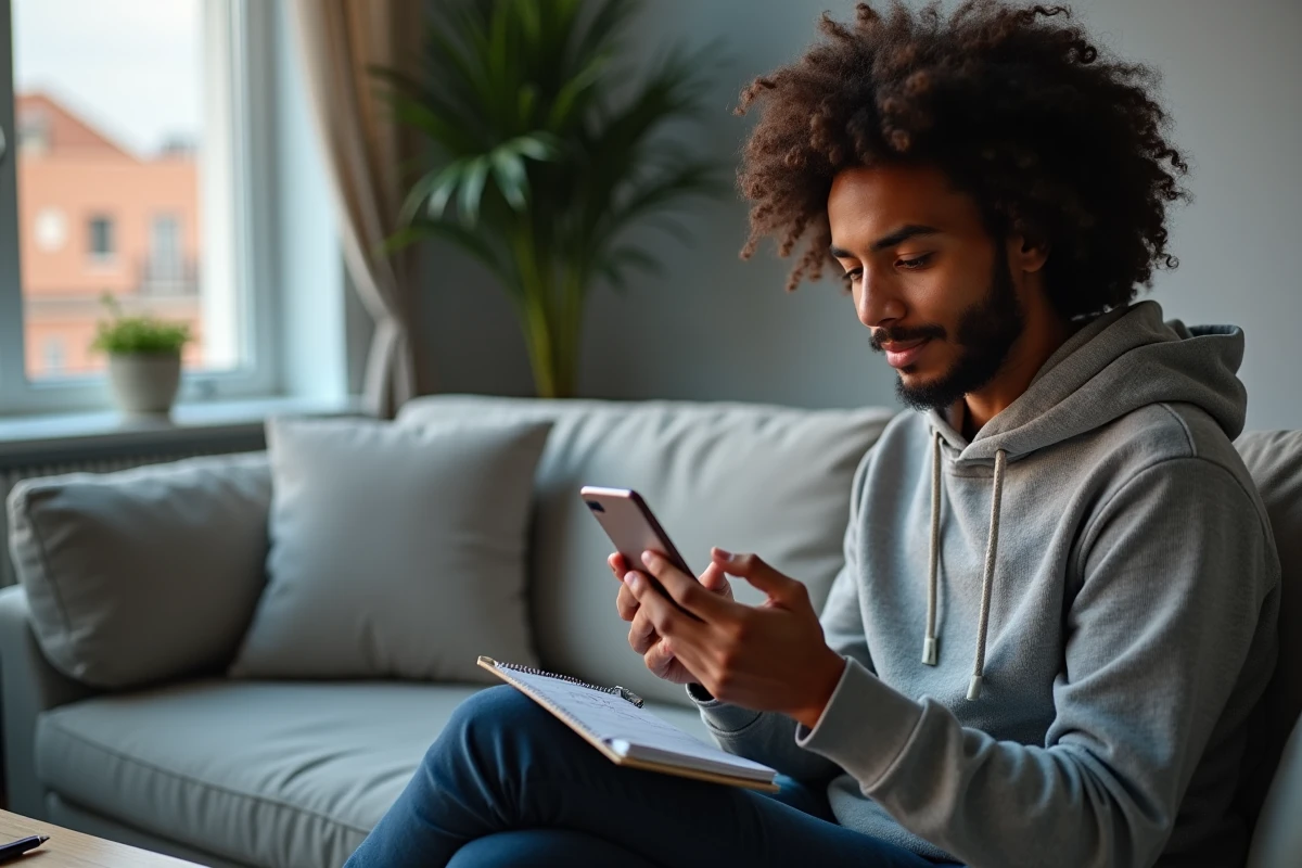 Jeune personne vérifiant son fichier Préventel depuis un smartphone dans son salon