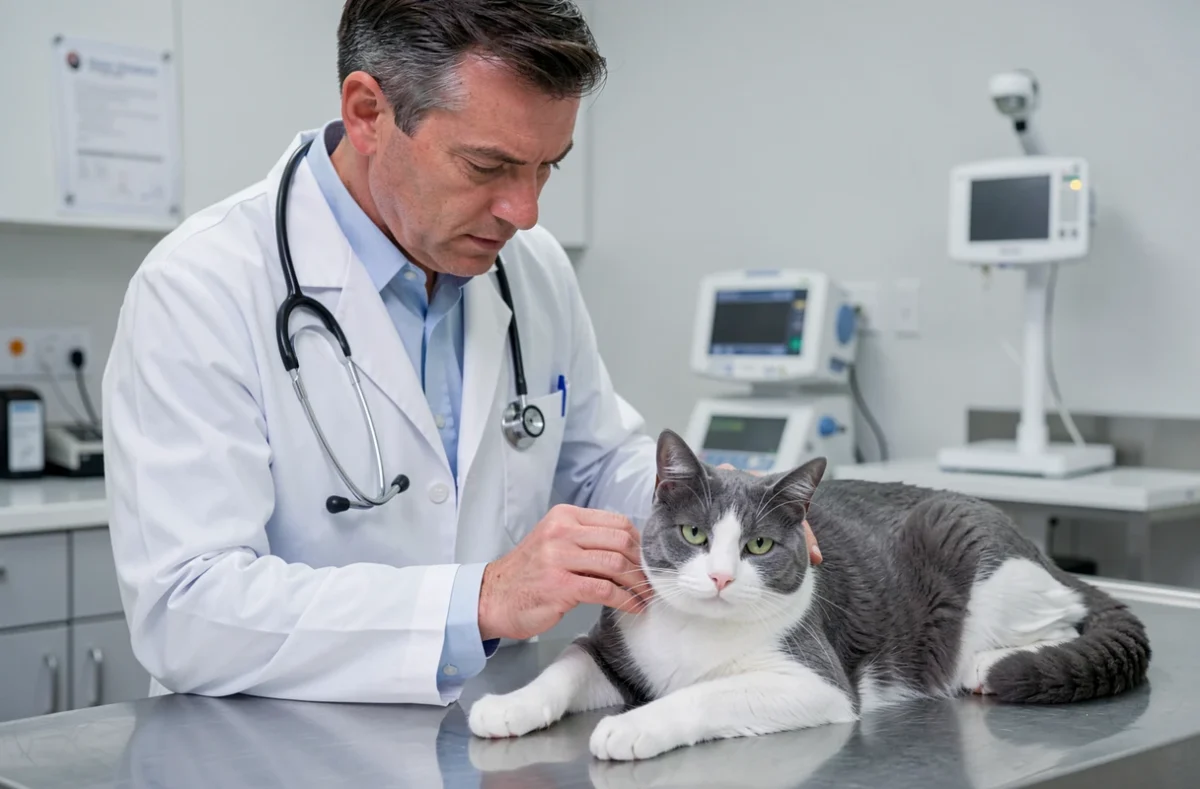 Vétérinaire examinant un chat gris en clinique, illustrant l'importance d'une mutuelle santé pour animaux de compagnie