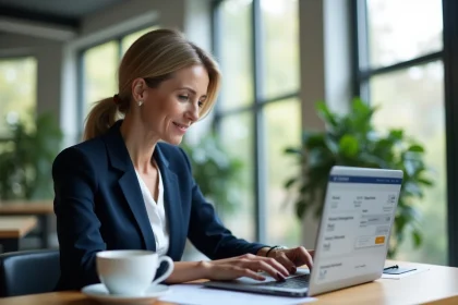 Femme professionnelle effectuant un virement bancaire en ligne sur son ordinateur portable dans un bureau moderne
