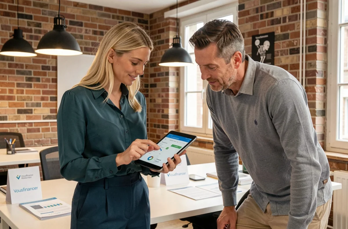 Conseillère Vousfinancer Chartres présentant une simulation de prêt immobilier sur tablette à un client