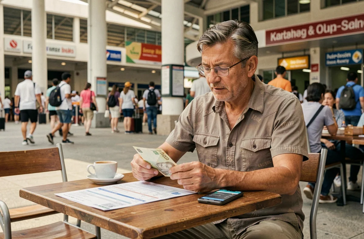 Voyageur examinant des billets de banque étrangers et une application bancaire dans un café à l'étranger