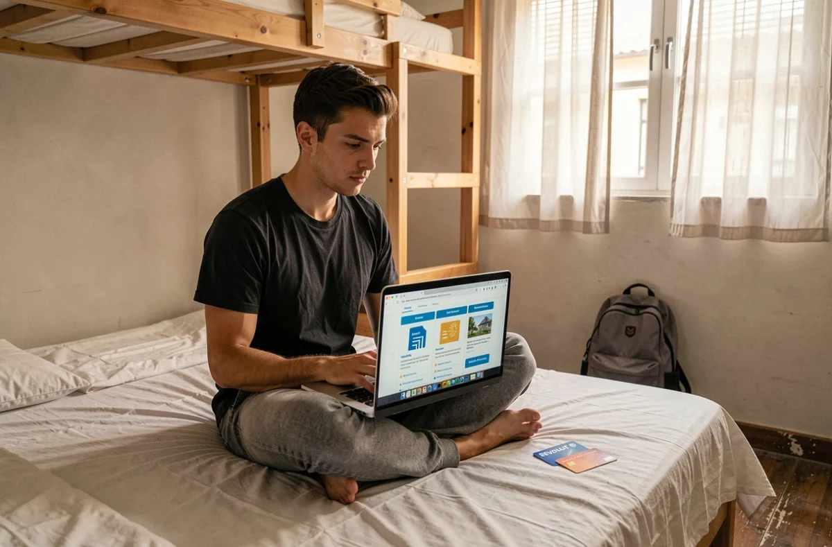 Jeune voyageur comparant les options d'assurance voyage Revolut sur ordinateur portable dans une chambre d'auberge de jeunesse