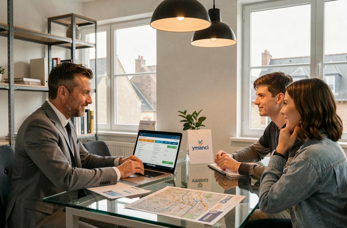 Conseiller Ymanci Dreux comparant des offres de crédit immobilier sur ordinateur avec un jeune couple
